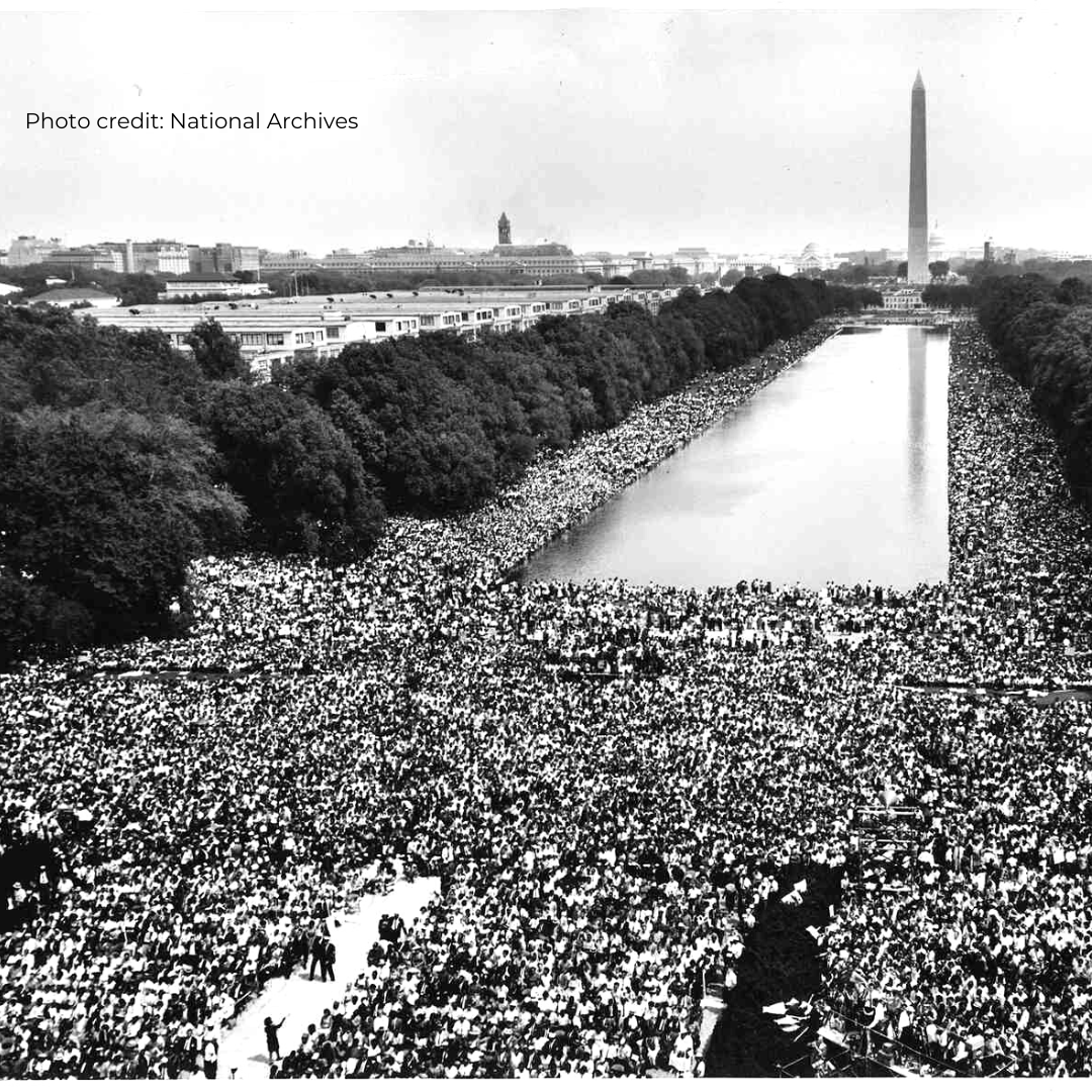 View of crowd present for Dr. Martin Luther King Jr.'s I Have a Dream speech given on Aug. 28, 1963