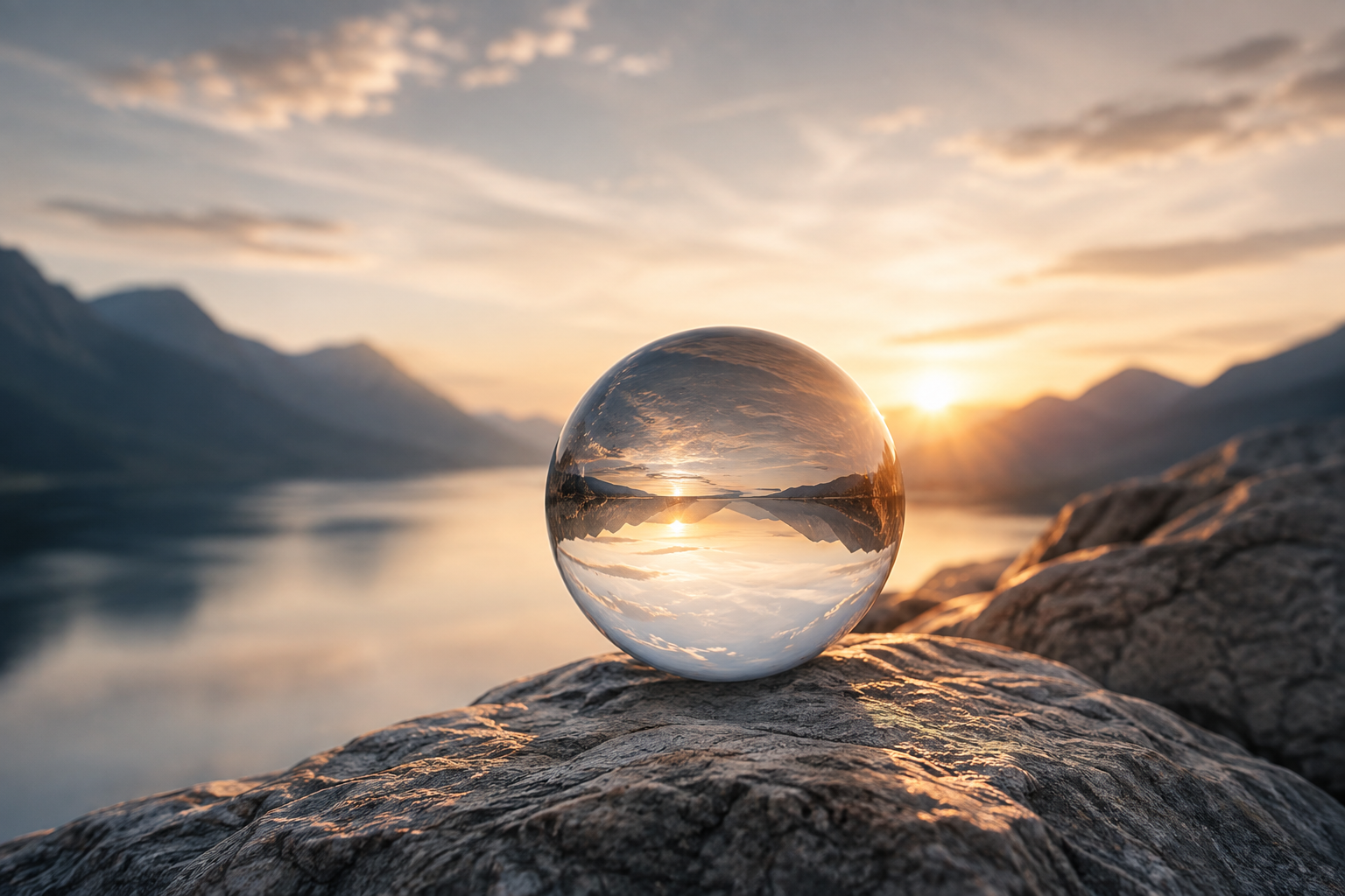 Glass sphere reflecting an inverted mountain landscape at sunset.